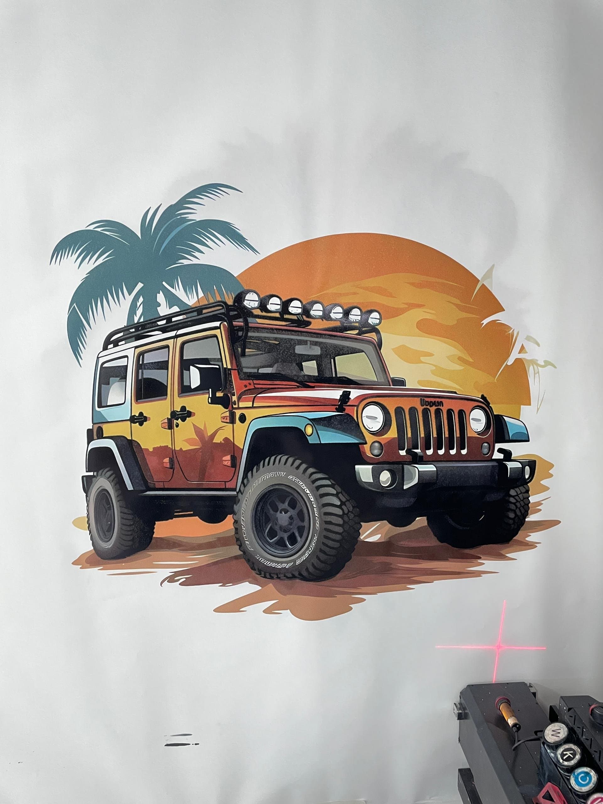 Jeep met palmbomen en zonsondergang als muurprint