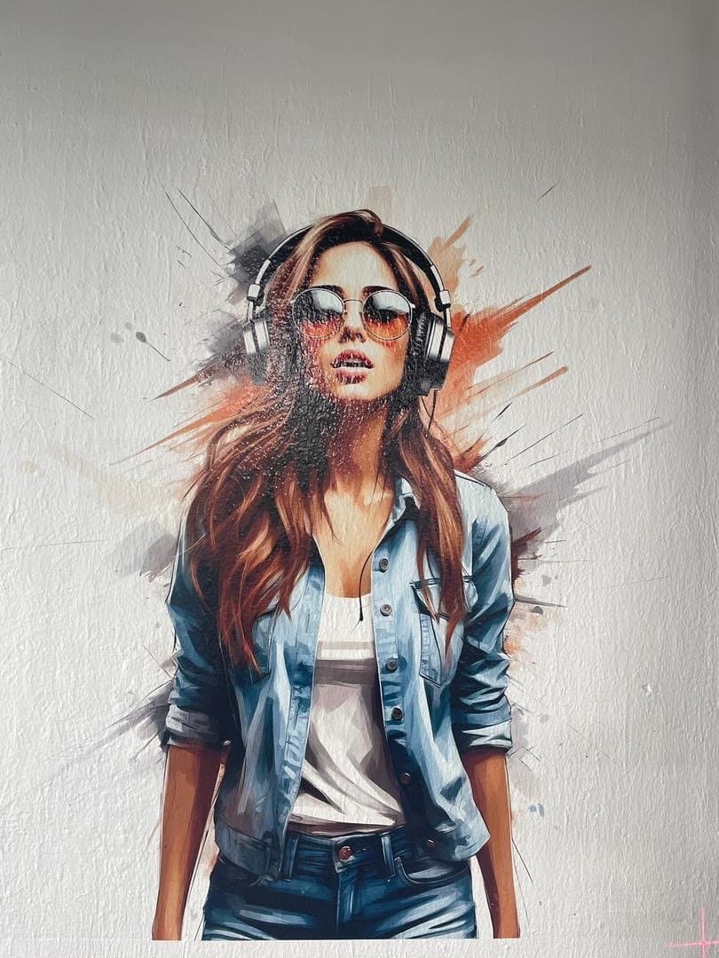 Portret met koptelefoon in streetart-stijl